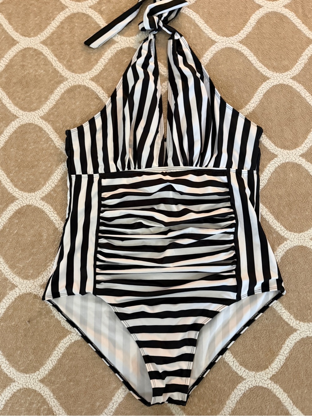 Woman’s Black and White Striped Halter One-Piece Swimsuit